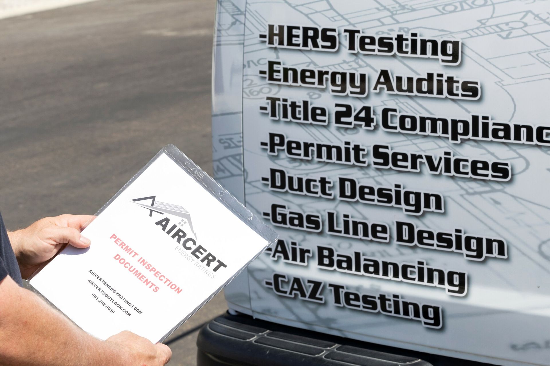 A man is holding a pamphlet in front of a sign that says hers testing