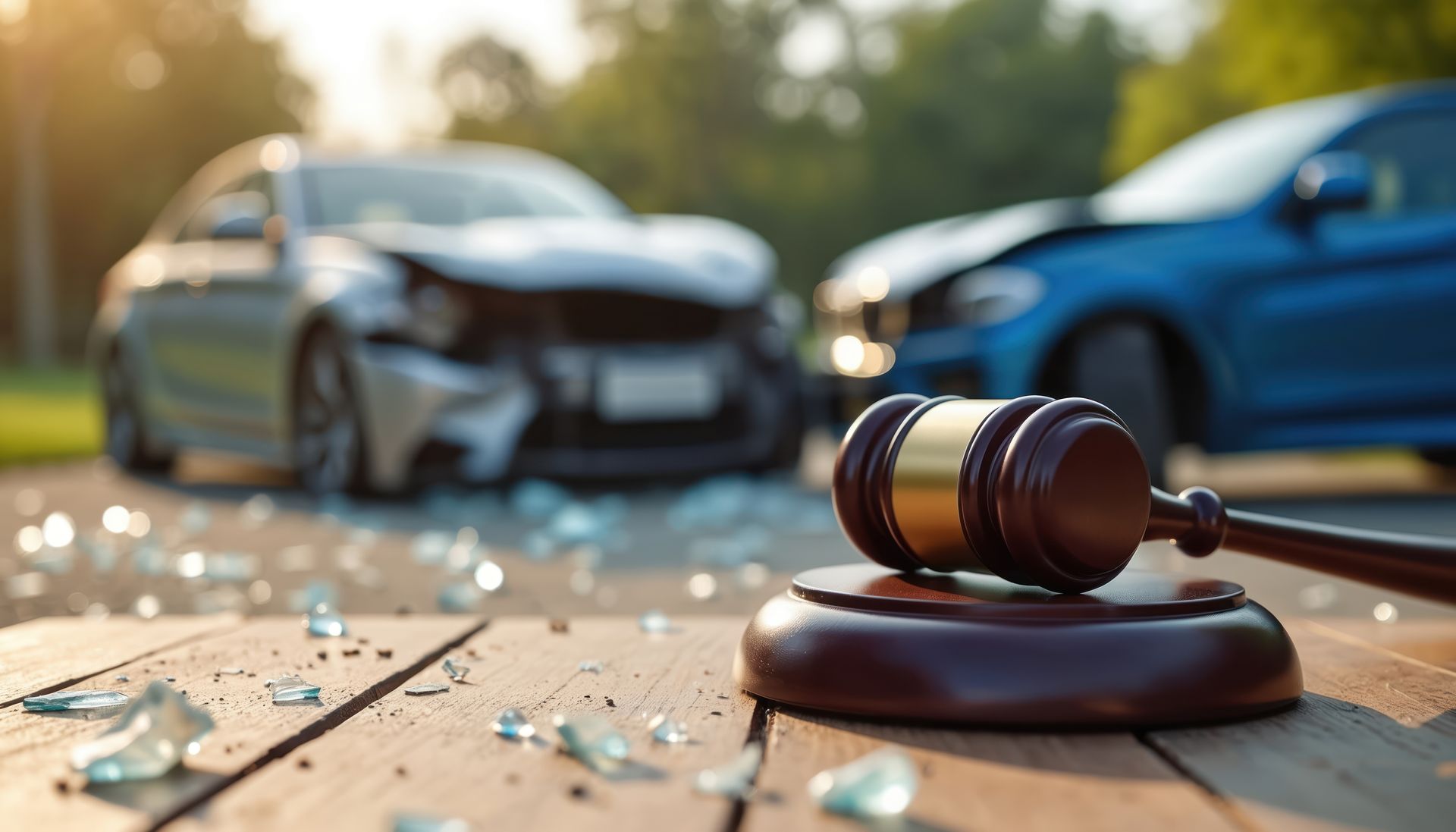 Gavel on a wooden table with broken glass near damaged vehicles after a traffic collision. Gavel on a wooden table with broken glass near damaged vehicles after a traffic collision.