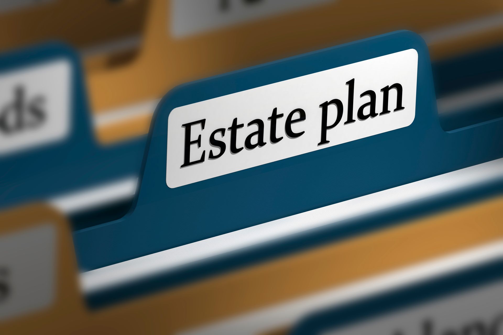A close-up of a blue hanging file folder with a white label that reads Estate plan in black text.