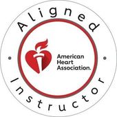 Aligned Instructor badge from the American Heart Association. Red heart symbol with a flame on a white background, encircled by text.