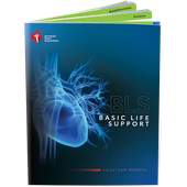 A BLS (Basic Life Support) Provider Manual from the American Heart Association; blue cover with an X-ray-like image of a heart and title.