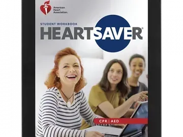 Cover of a Heartsaver student workbook featuring smiling women, the American Heart Association logo, and
