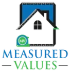 Logo: white house outline with a ruler, blue background, green measuring tape, "Measured Values" text.