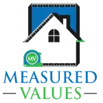 Logo: white house outline with a ruler, blue background, green measuring tape, "Measured Values" text.