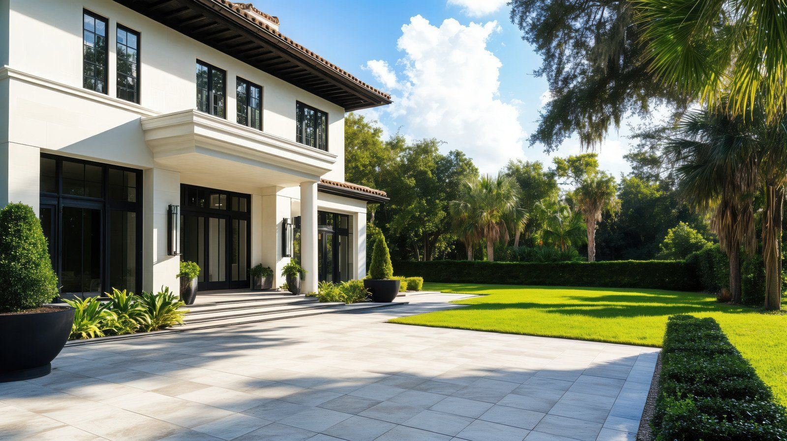White stucco house with black framed windows, a manicured lawn, and a large paved driveway.