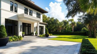 White stucco house with black framed windows, a manicured lawn, and a large paved driveway.