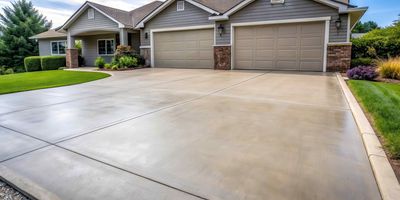 House with a driveway, green grass and some plants. The driveway has lines.