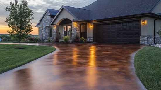 A house with a brown driveway, stone accents, and a black garage door at dusk.