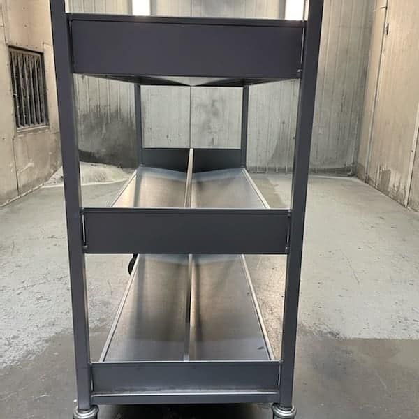 A Stainless Steel Cart With Three Shelves — Border Security Doors & Powder Coating in Wodonga, VIC