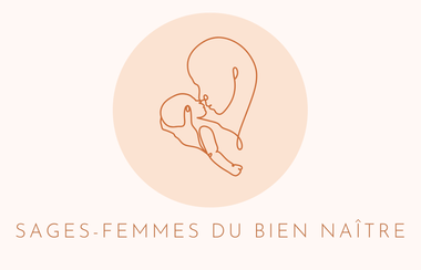 Logo avec une silhouette enceinte dessinée au trait dans un cercle pêche et le texte « SAGES-FEMMES DU BIEN NAÎTRE »
