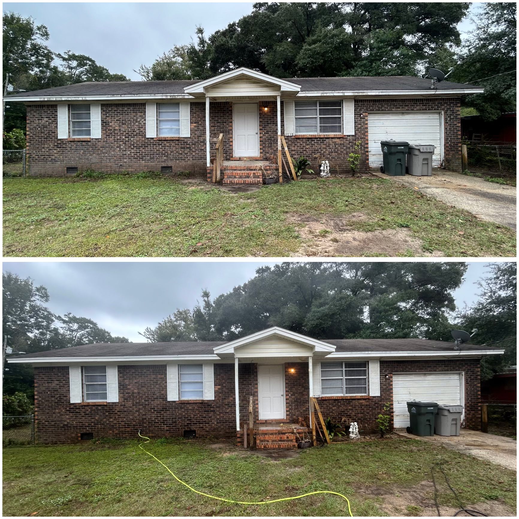 Top and bottom images of a brick house with before and after lawn work.