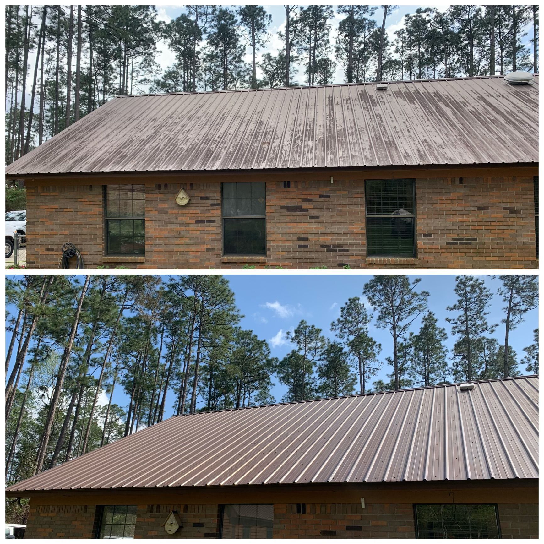 Before and after of a brown metal roof on a brick building; showing cleaning results.