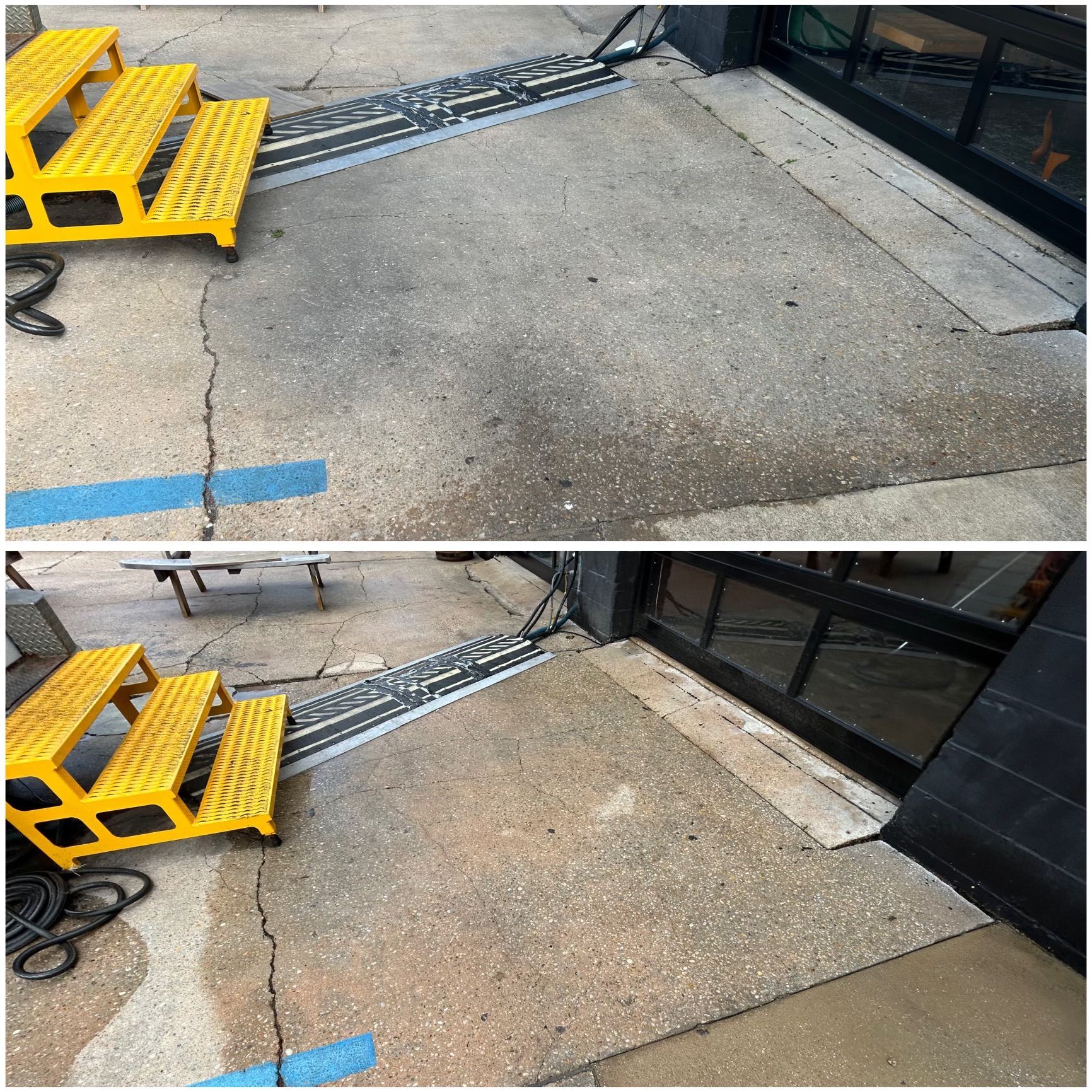Before and after comparison of a concrete sidewalk cleaned with a pressure washer. Yellow stairs and ramp are on the left.