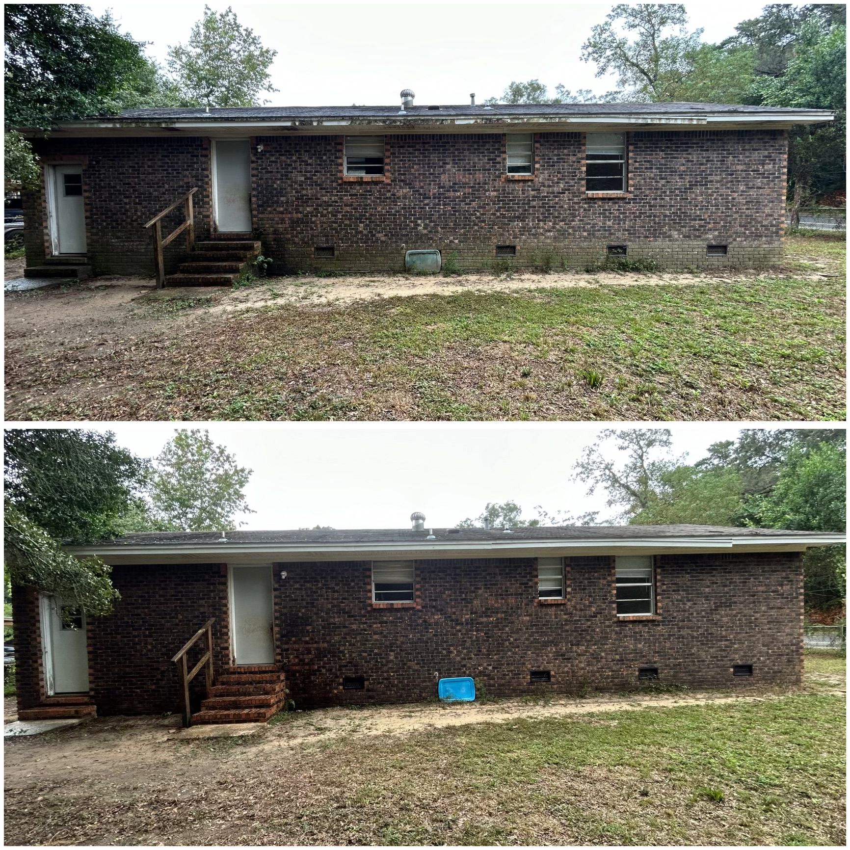 Before-and-after of a brick house; top photo is weathered, bottom photo is cleaned and improved, with a blue bin added.
