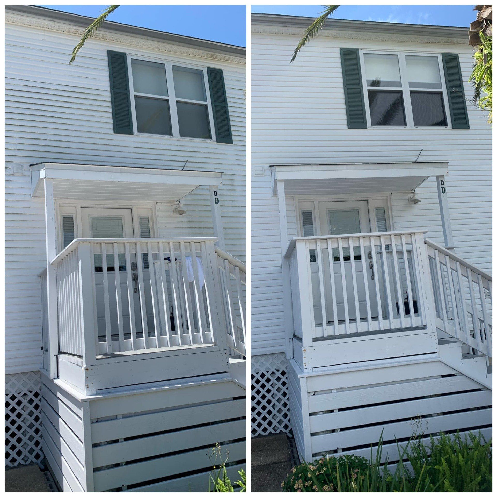 Side-by-side comparison of a white house before and after cleaning.