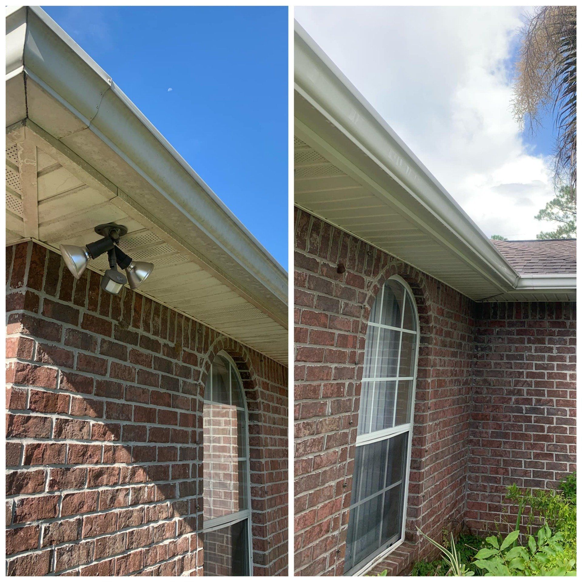 Two side-by-side photos of a brick house with white gutters. Left shows blue sky. Right shows cloudy sky.