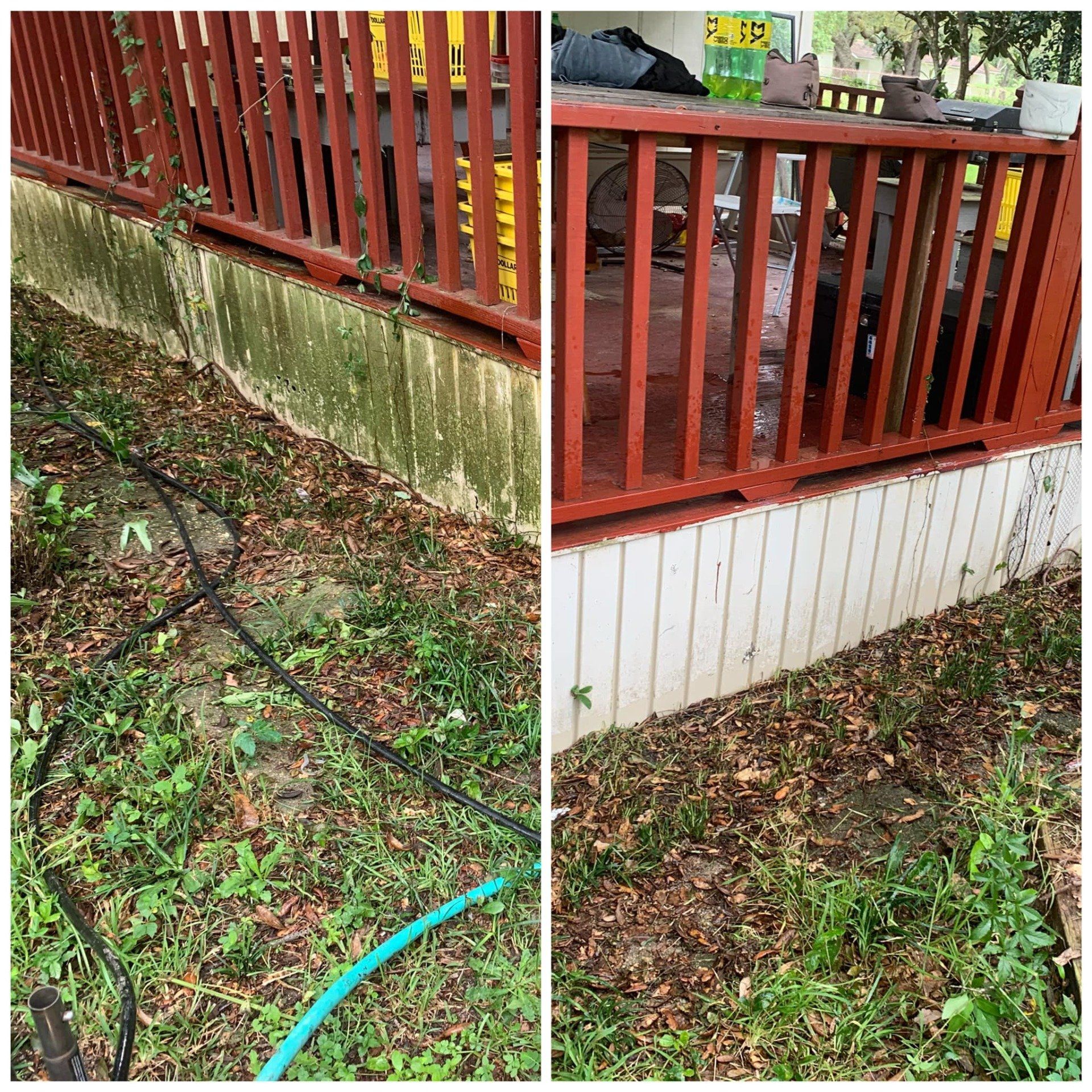 Comparison: Before and after of a deck foundation. Left side: overgrown weeds. Right side: cleaned foundation.