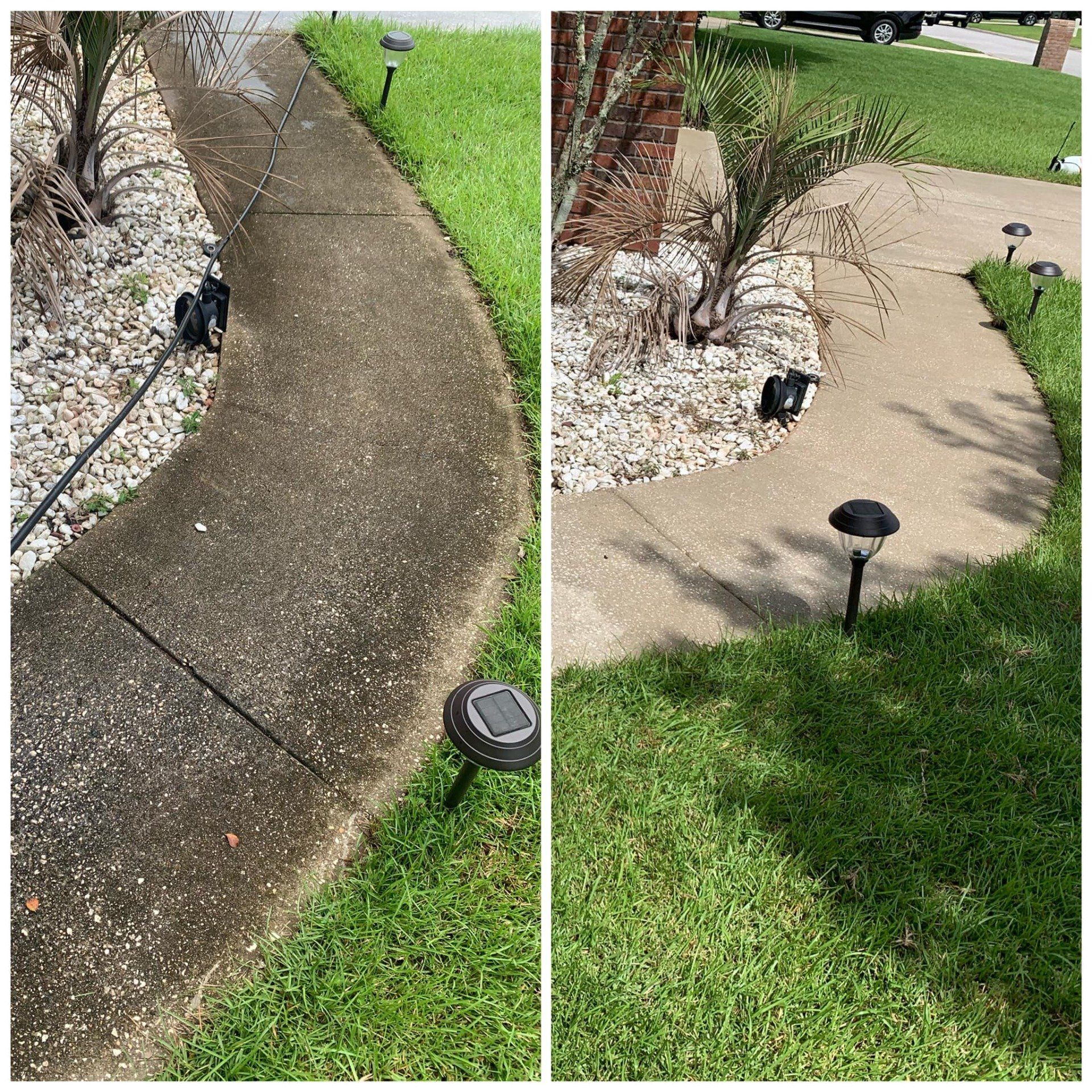 Before and after view of a concrete walkway, cleaned to remove dirt and grime.