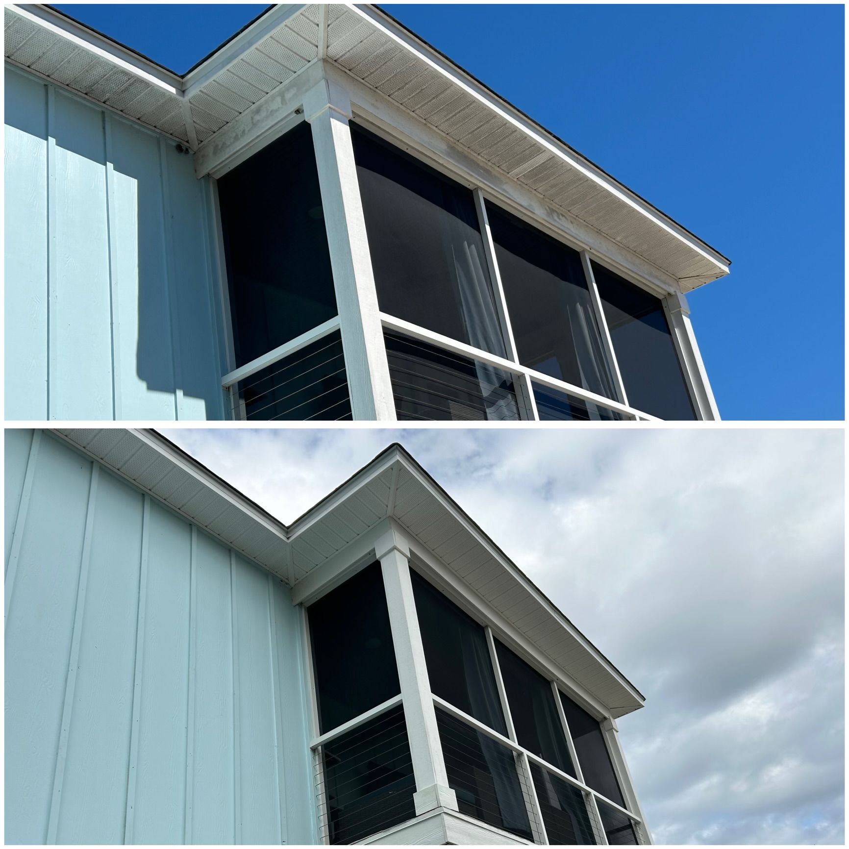 Two photos: A screened porch with blue siding and white trim, against a blue sky and cloudy sky.