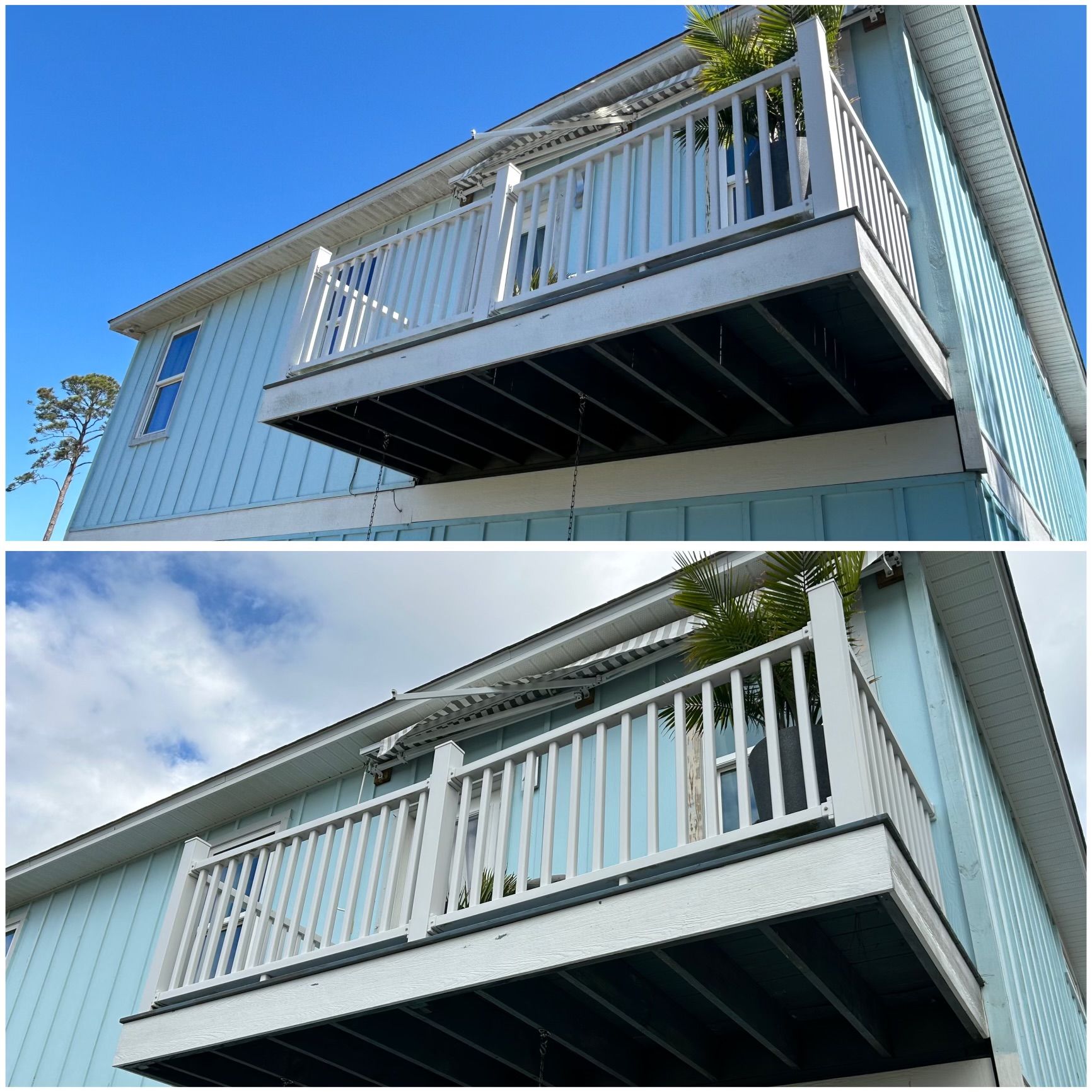 Two-panel image: before/after of a blue house with a white balcony. Balcony is cleaned in after photo.