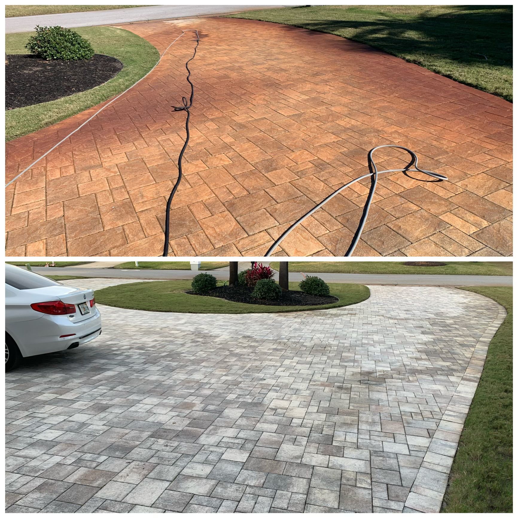 Before and after of a brick paver driveway being power washed, with the clean section showing the true color.