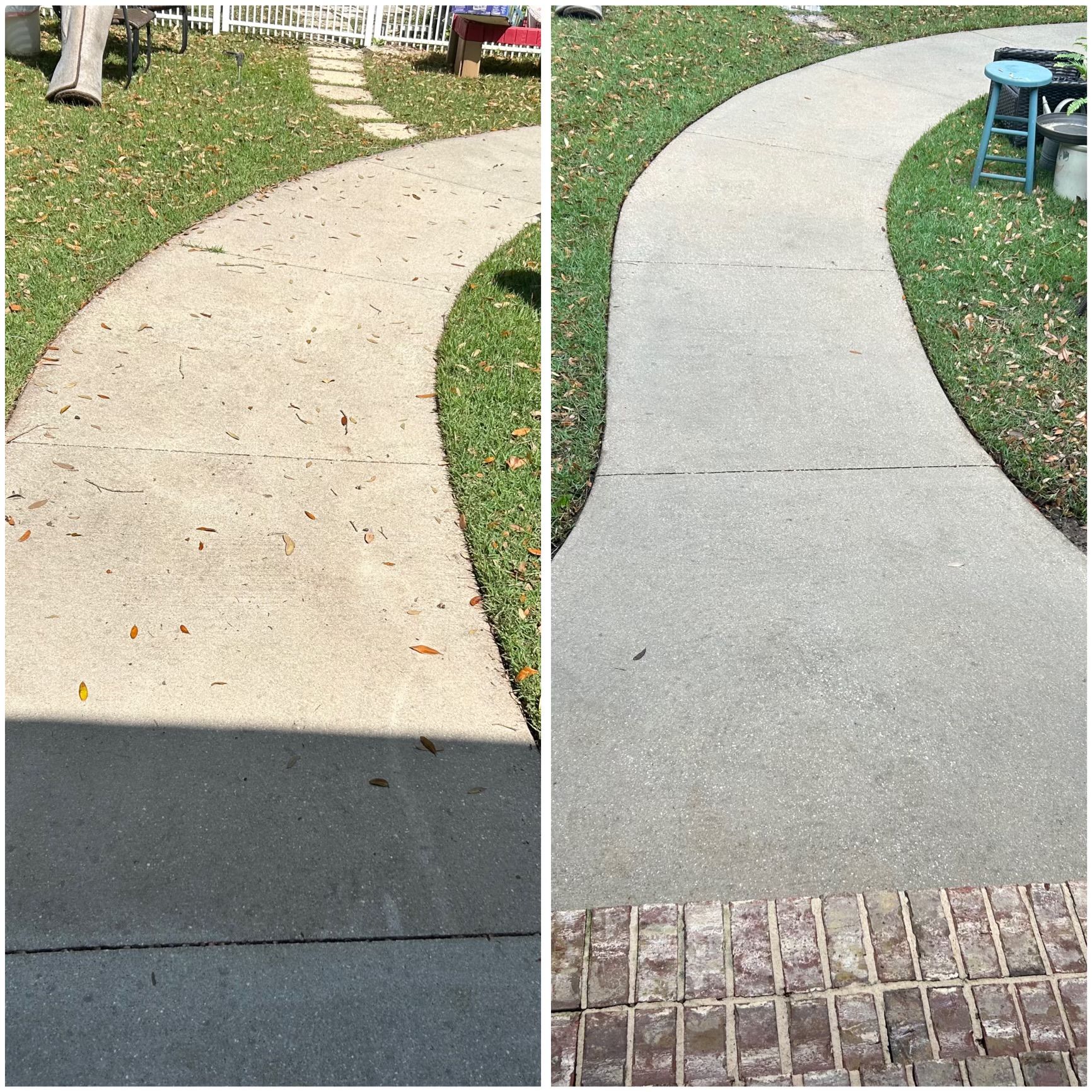 Before and after of a concrete walkway. The after shows a clean walkway, before, it's dirty.