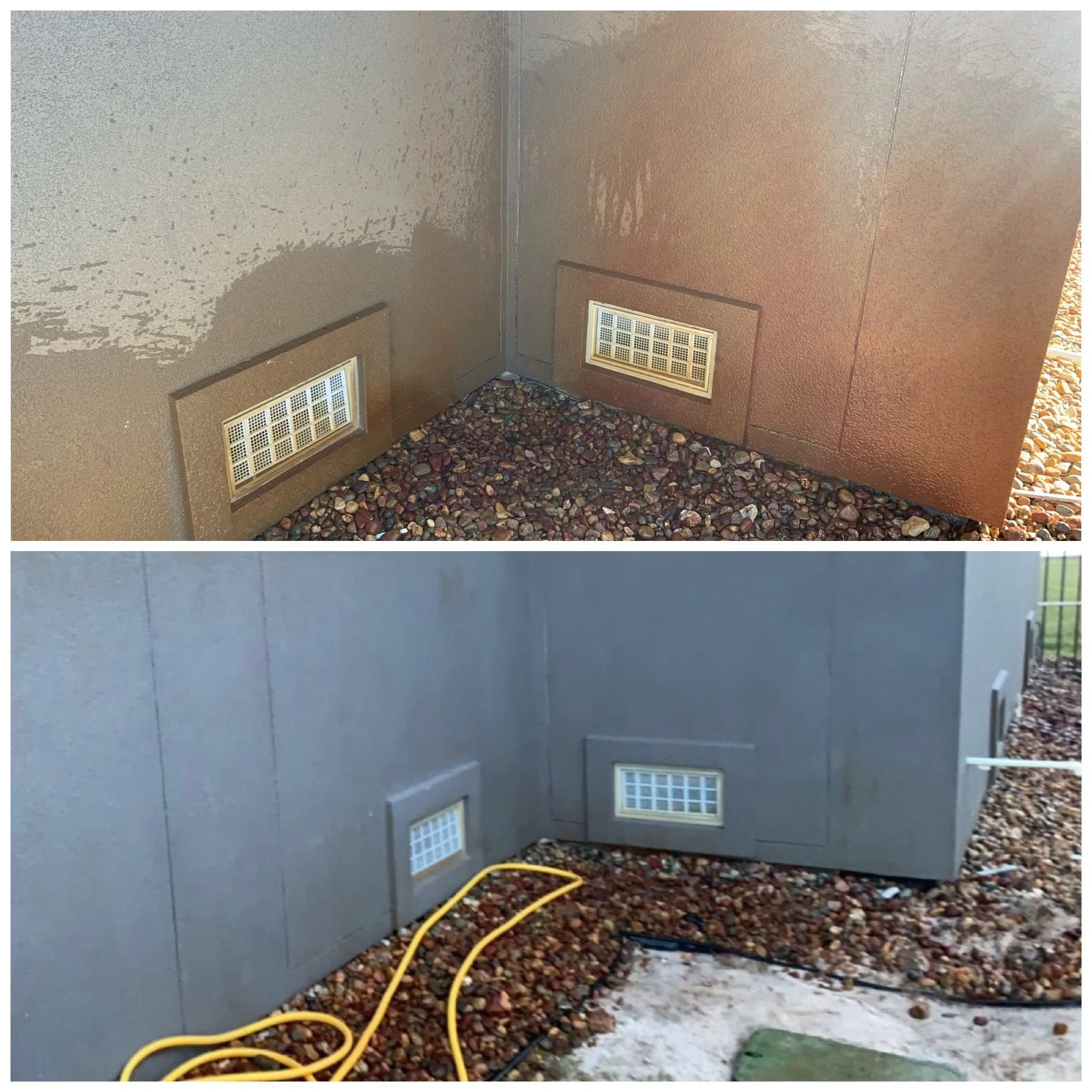 Before and after photos of building exterior, showing cleaning of a corner with vent. Gray paint.