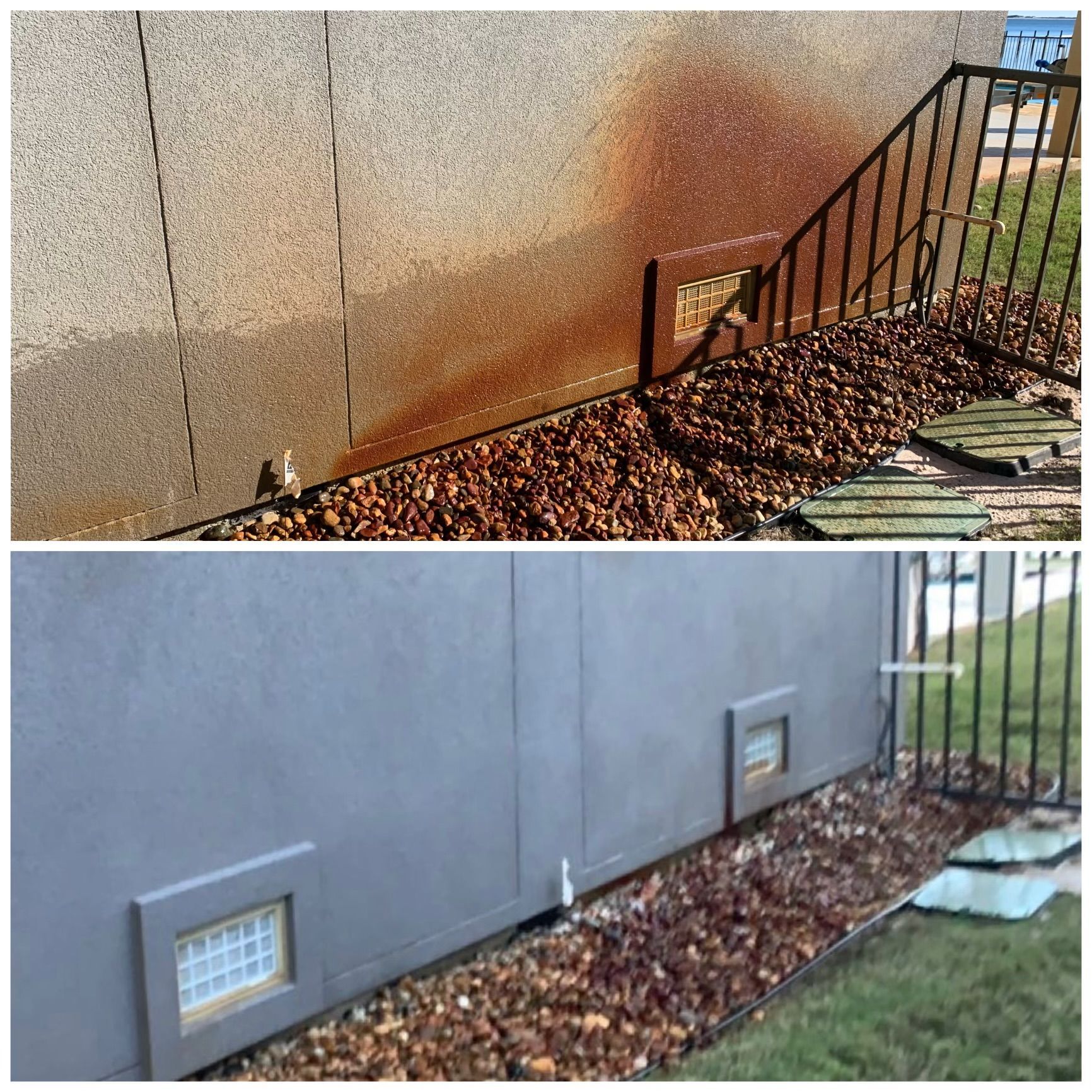 Before-and-after view of a building's exterior. Rust-stained wall is painted gray with two vents; small rocks at the base.