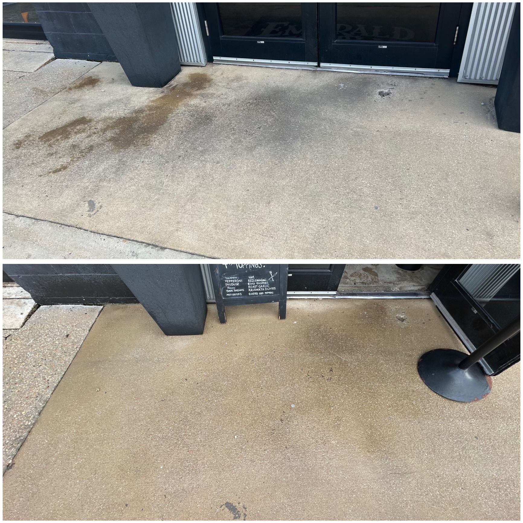 Before and after of concrete surface cleaned in front of a building entrance.