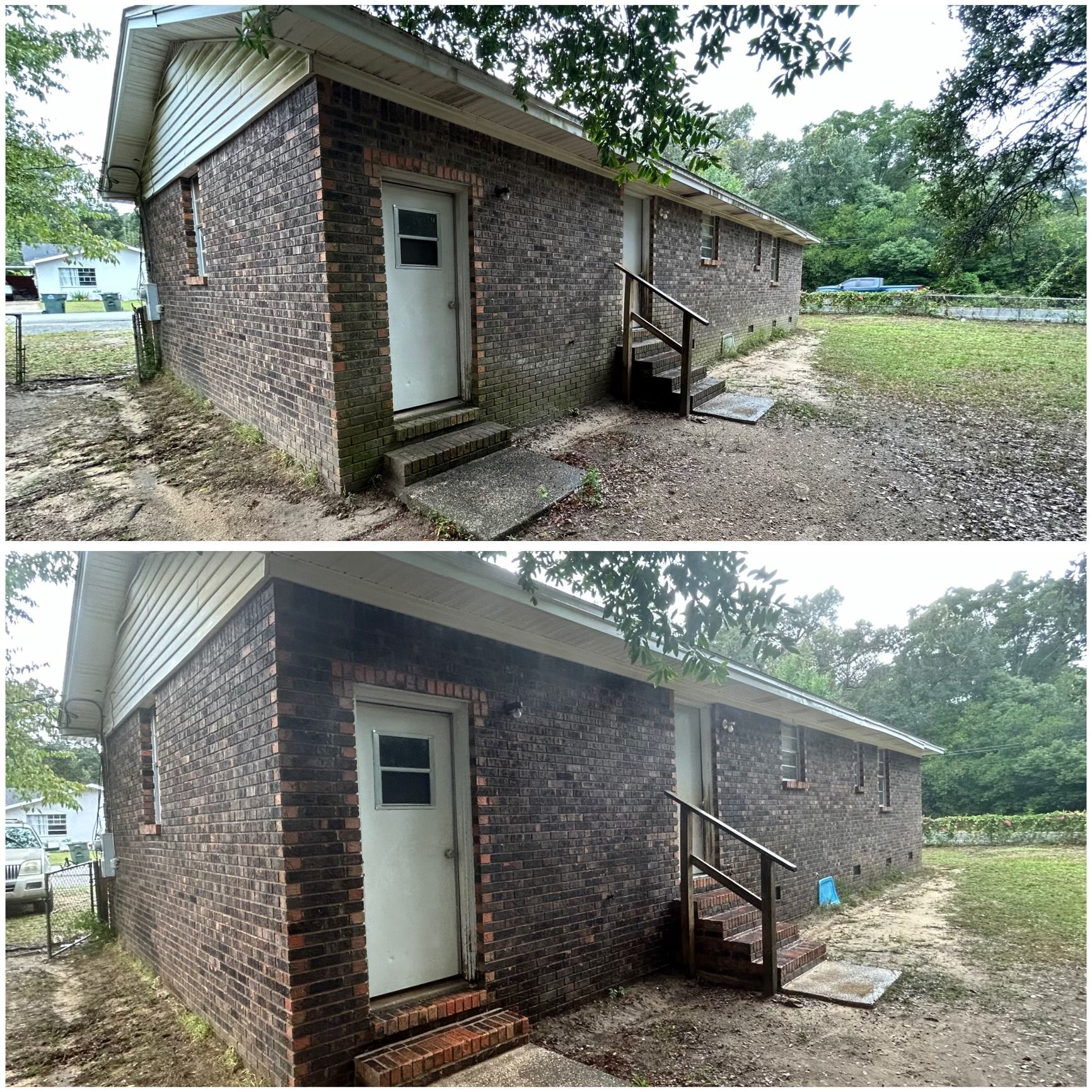 Two images side-by-side: a brick building before and after cleaning. The building has a white door and stairs.