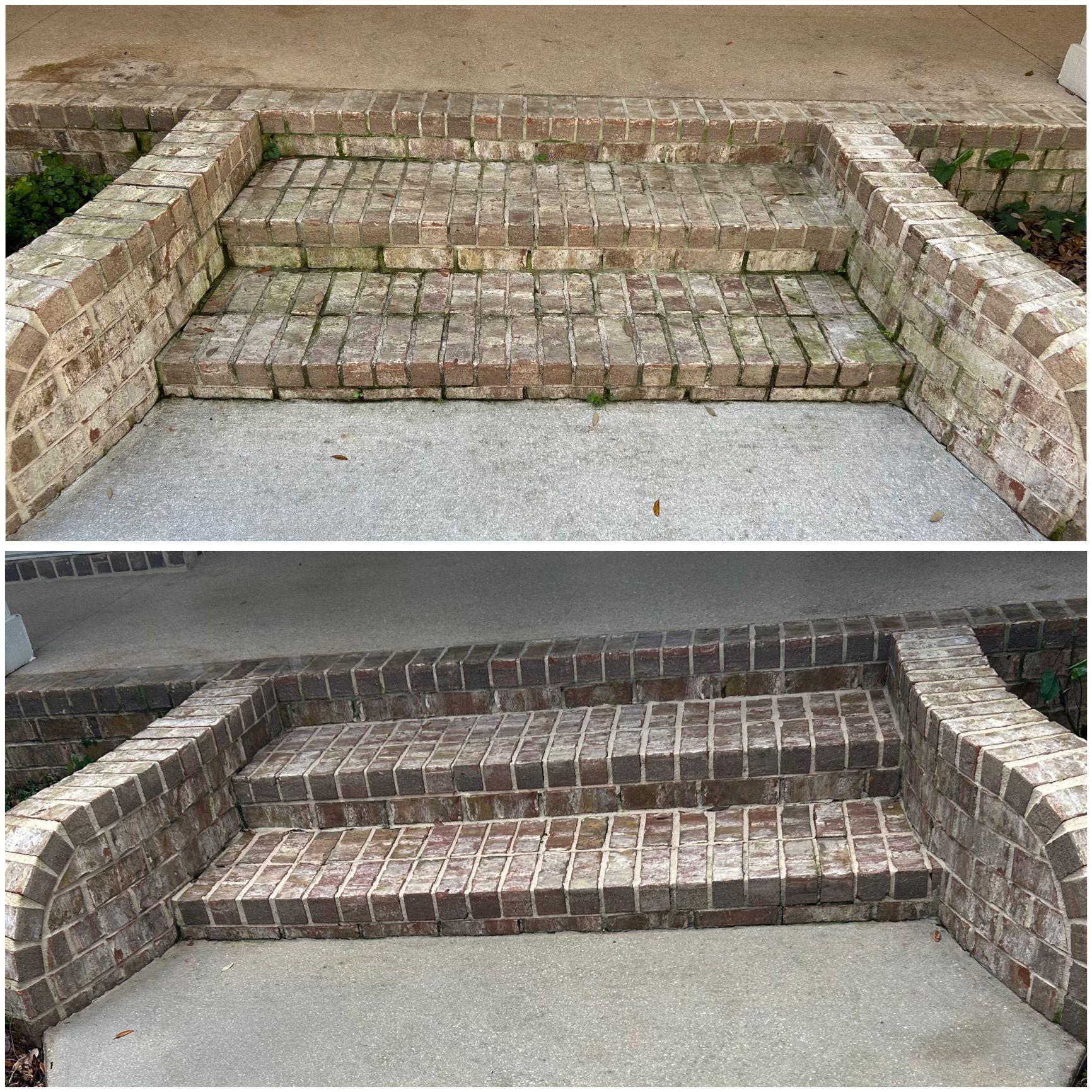 Before-and-after of brick steps and landing cleaned; dirty and covered in growth versus clean and restored.