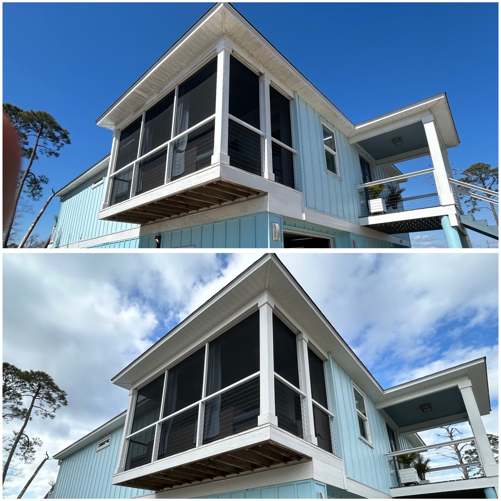 Two-story beach house with blue siding and white trim. A screened-in porch juts out.