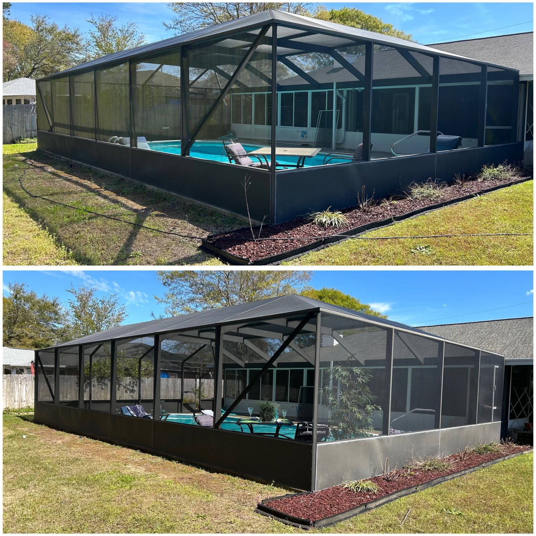 Two views of a screened-in pool enclosure, gray frame, black screen, in backyard. Blue water visible.