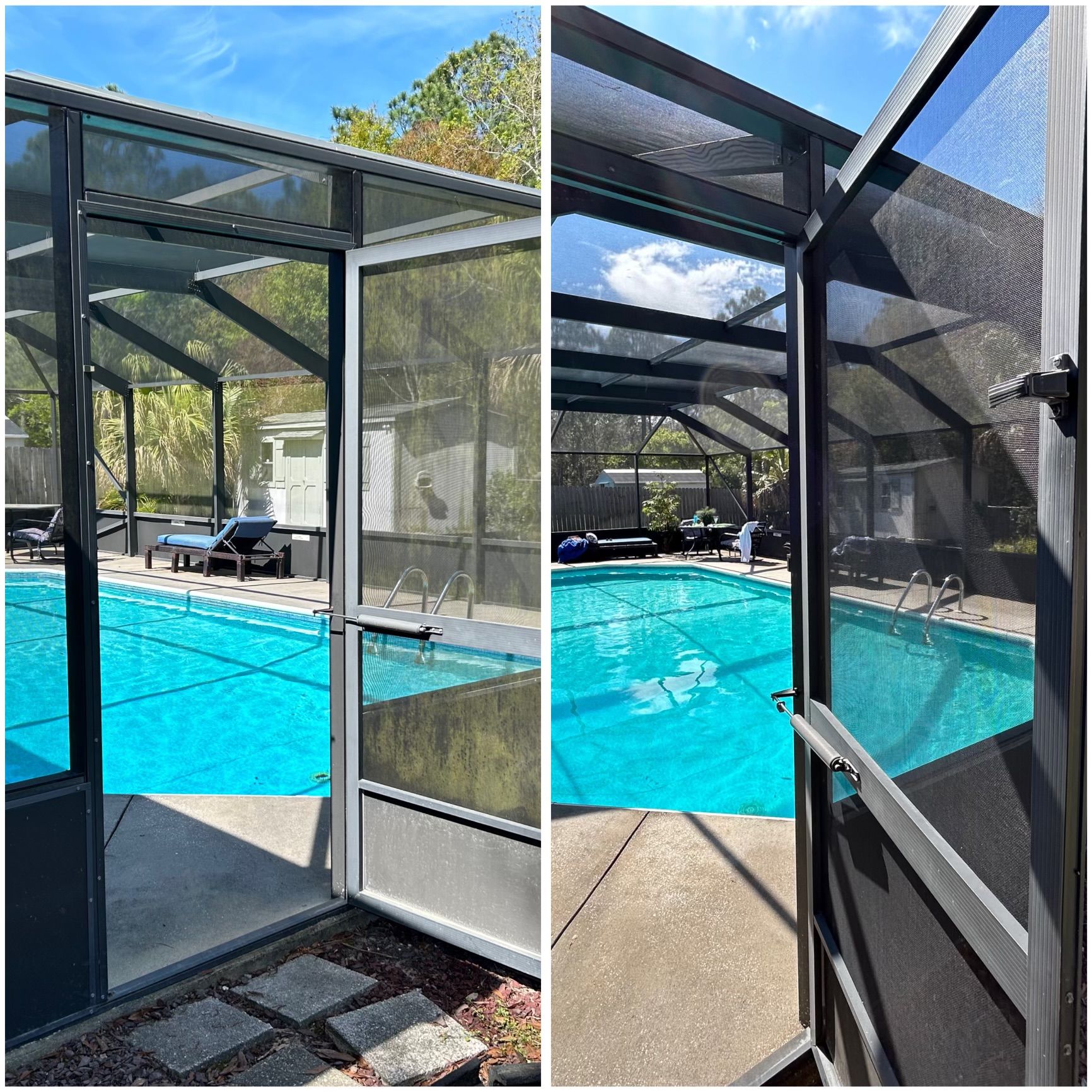 Two views of a screen-enclosed pool area. One shows the door closed, the other open, offering a view of the pool.