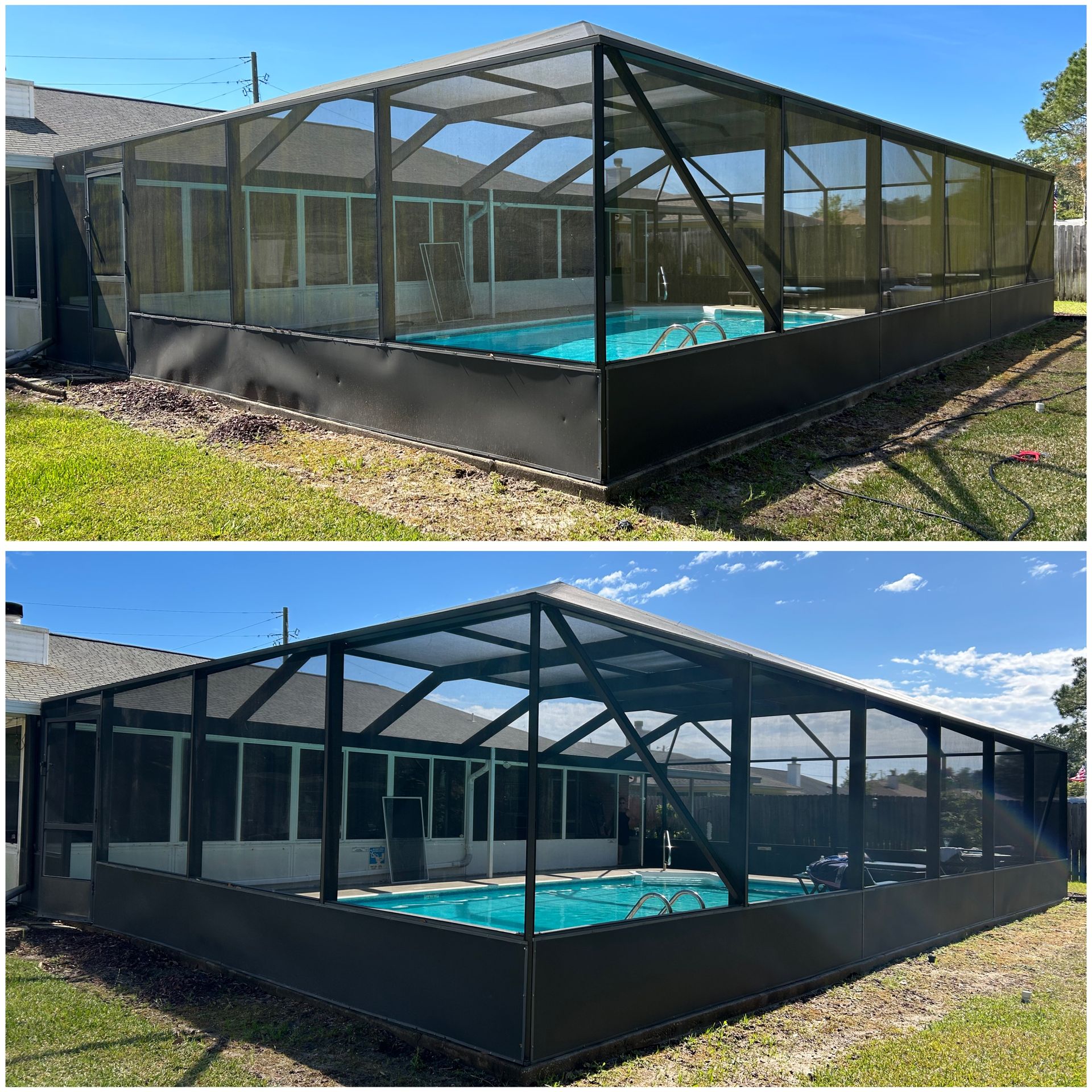 Before and after images of a black screened-in pool enclosure with a blue pool.