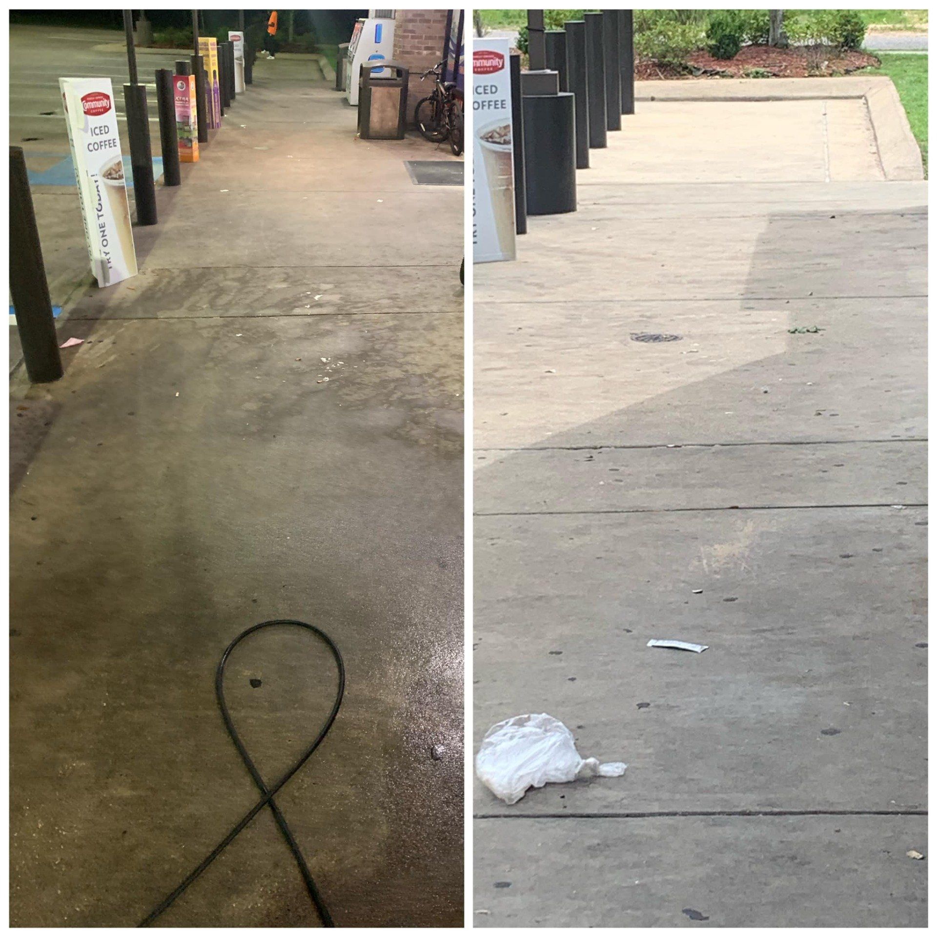Before-and-after sidewalk cleaning. Dirty asphalt vs. clean concrete outside a store. Power washer on the left.