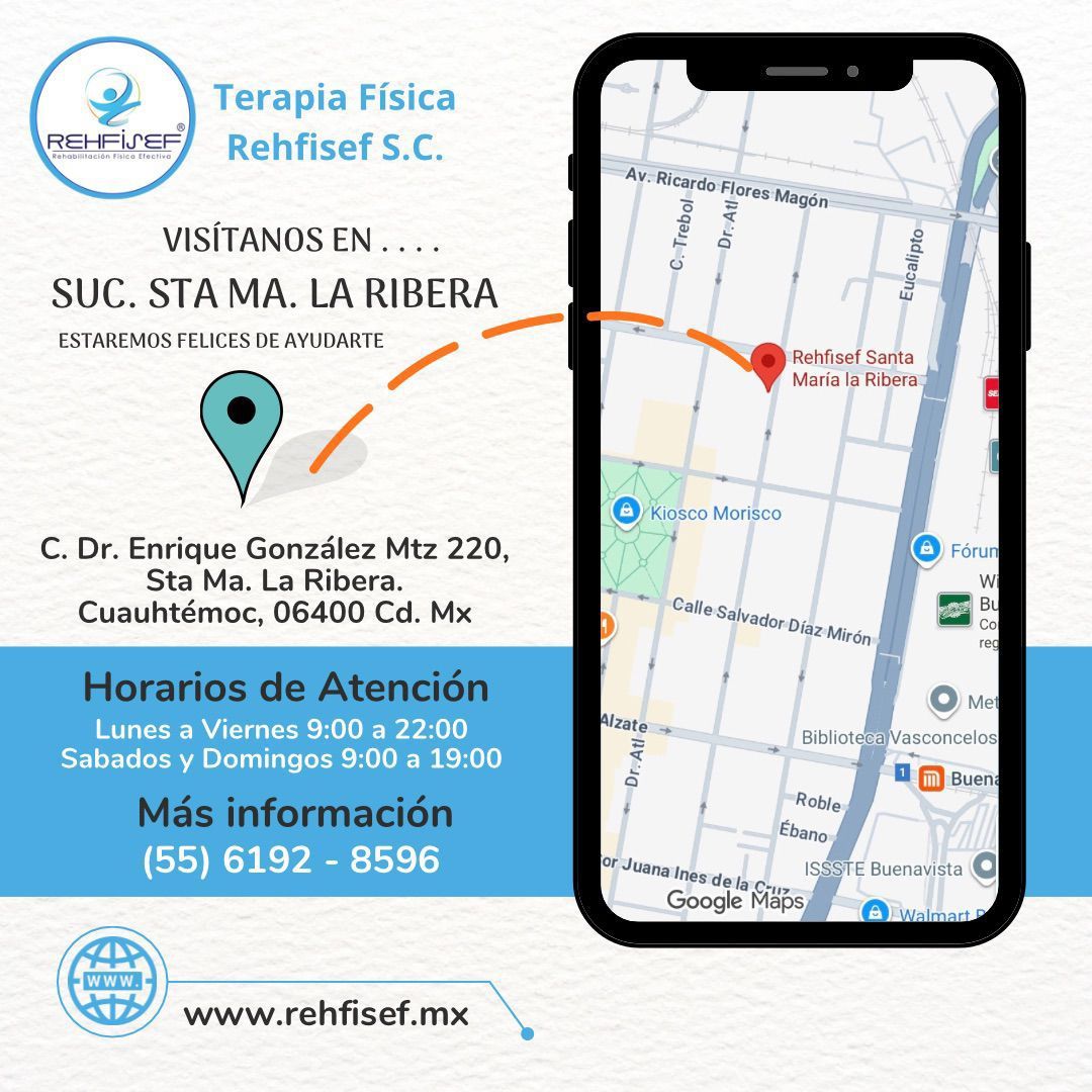 Anuncio de Rehfisef SC, un centro de fisioterapia en la Ciudad de México, mostrando su ubicación en un mapa y horario de atención.