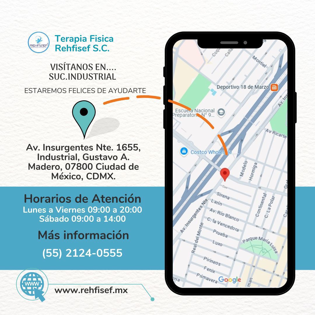 Anuncio de clínica de fisioterapia, con dirección, horario y número de teléfono mostrado junto a un mapa en un teléfono inteligente.