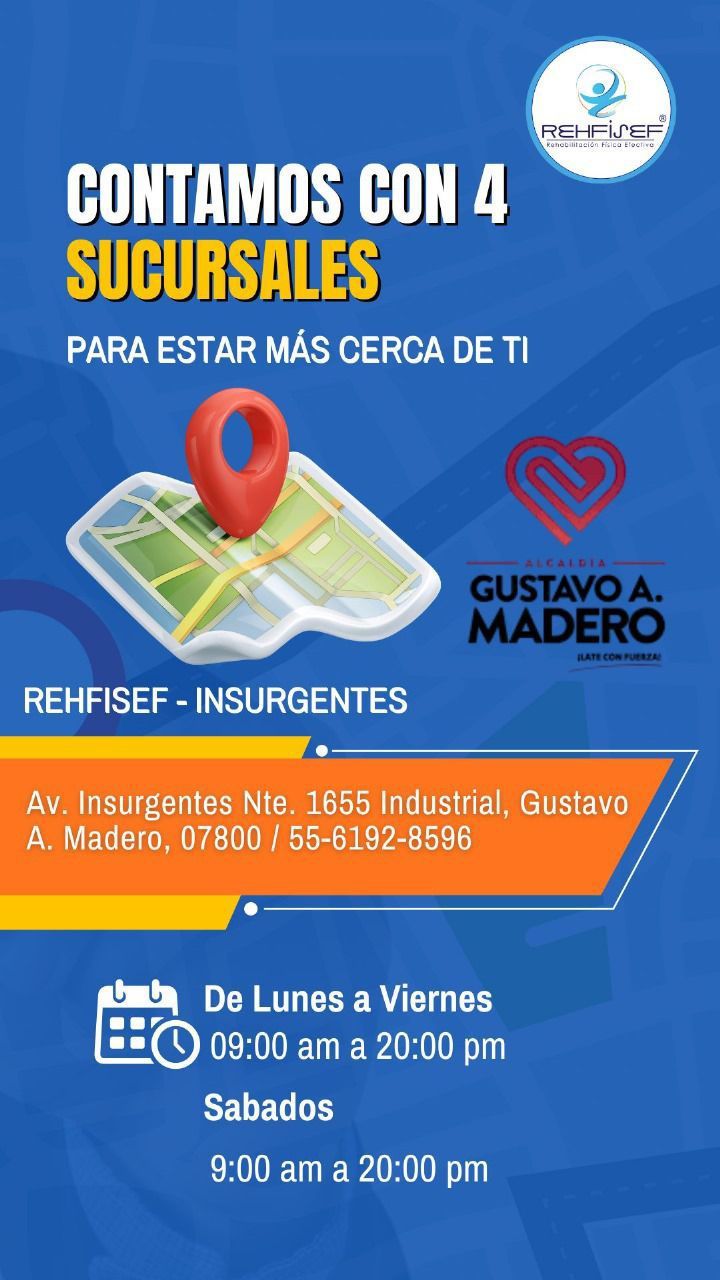 Anuncio de RehfiSEF Insurgentes: 4 ubicaciones, mapa con dirección y horario, logo Gustavo A. Madero.