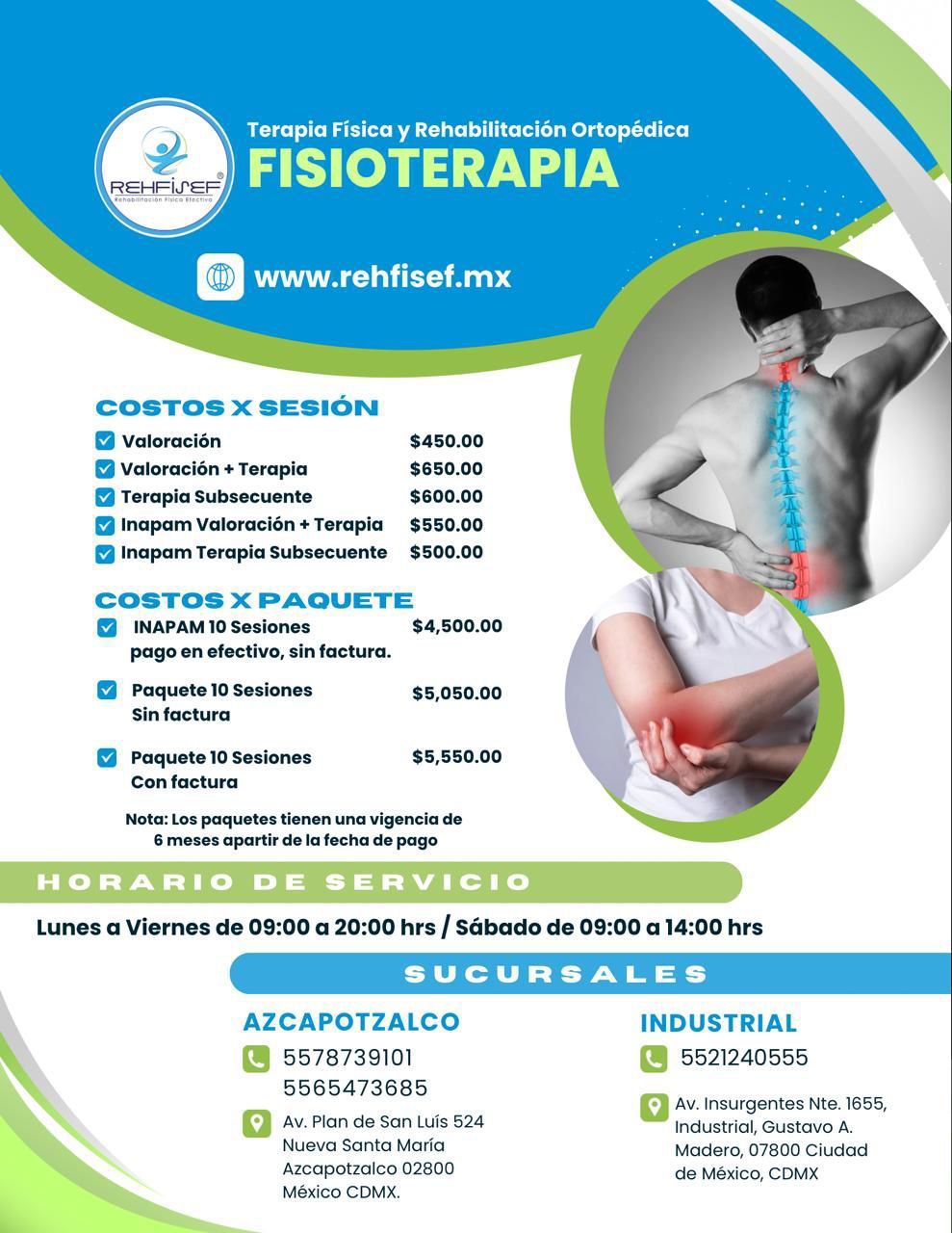 Folleto de servicios de fisioterapia, con precios, información de contacto e imágenes de personas con dolor de espalda y brazo.