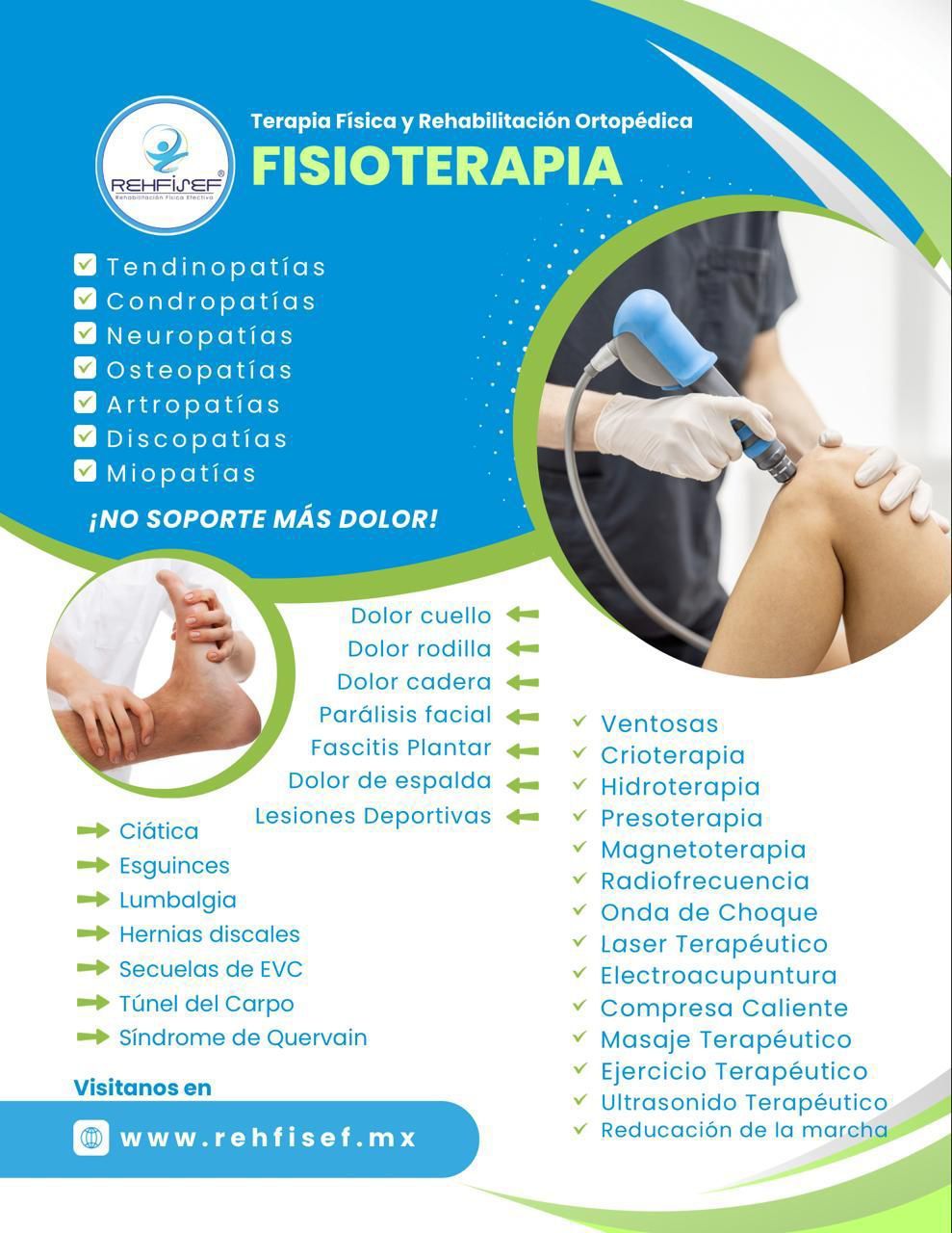 Folleto que promociona servicios de fisioterapia, en el que aparece una persona recibiendo tratamiento de rodilla y una lista de servicios.