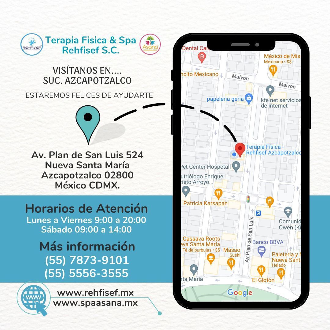 Folleto de un centro de fisioterapia y spa en la Ciudad de México, con dirección, horario e información de contacto. Un teléfono muestra un mapa.