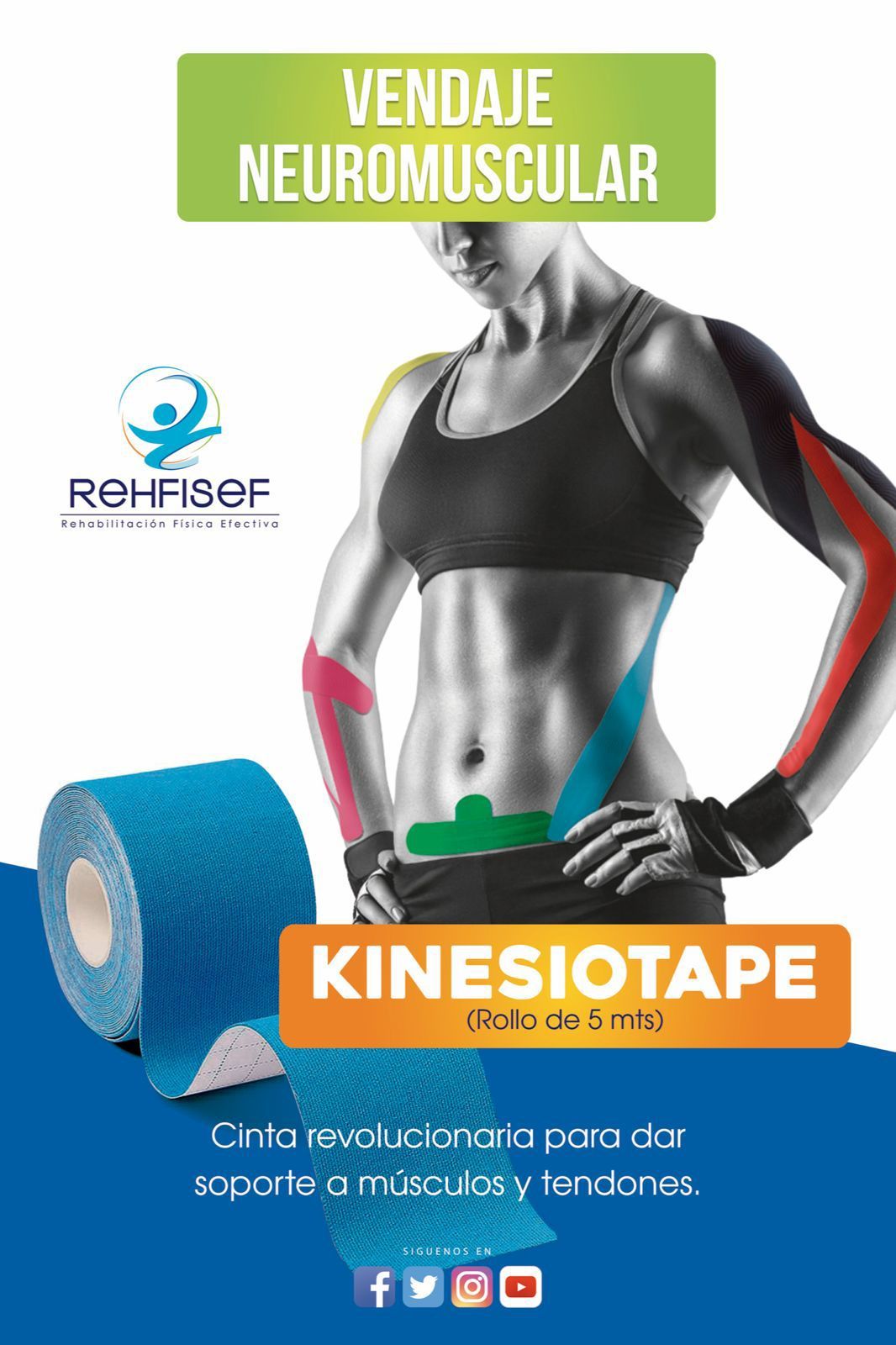 Mujer con cinta kinesiológica, anuncio de producto. Rollo de cinta azul, zonas de aplicación de cinta de colores.