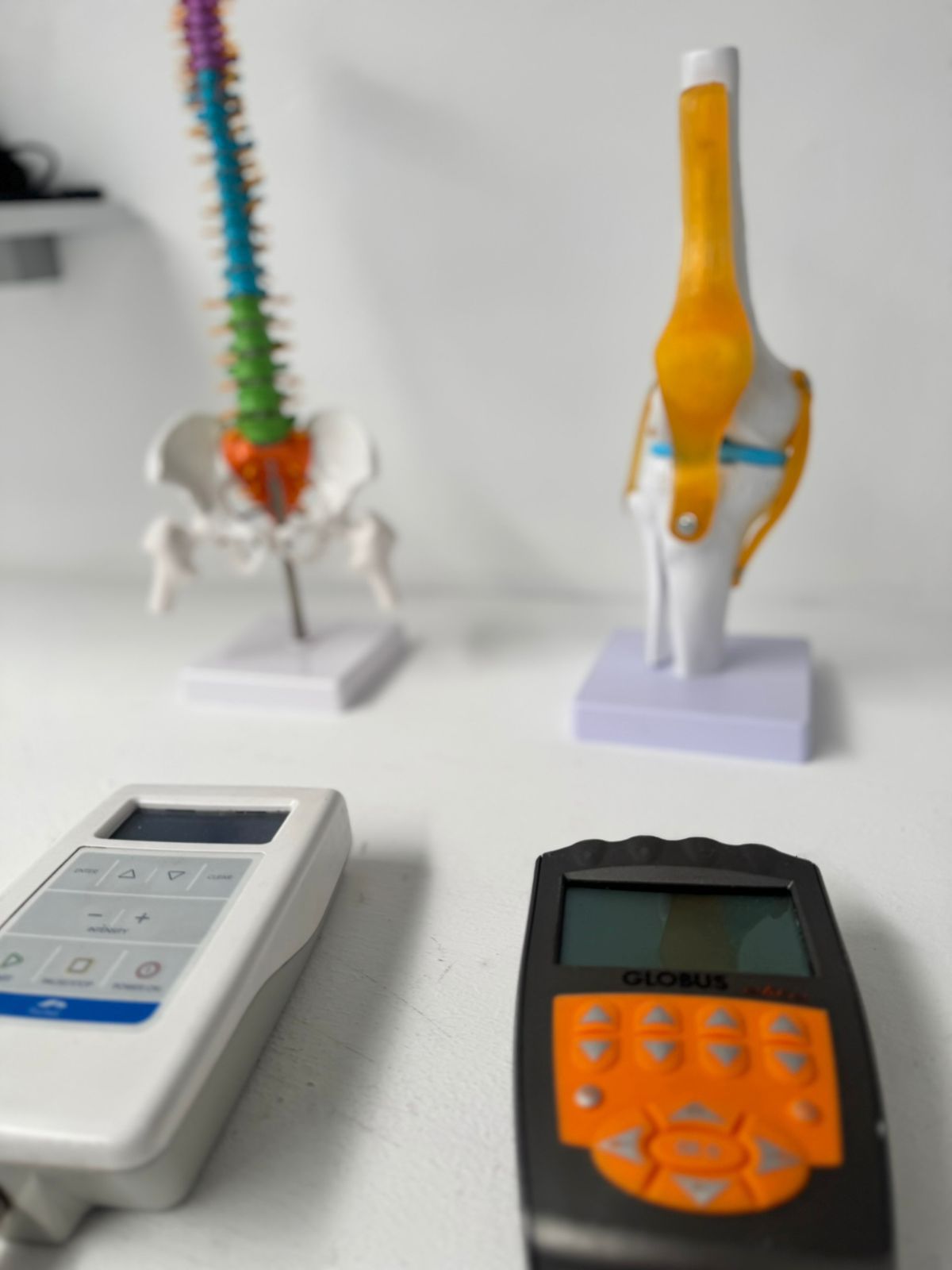 Dos dispositivos médicos se encuentran frente a modelos de una columna vertebral y una articulación de la rodilla sobre una superficie blanca.