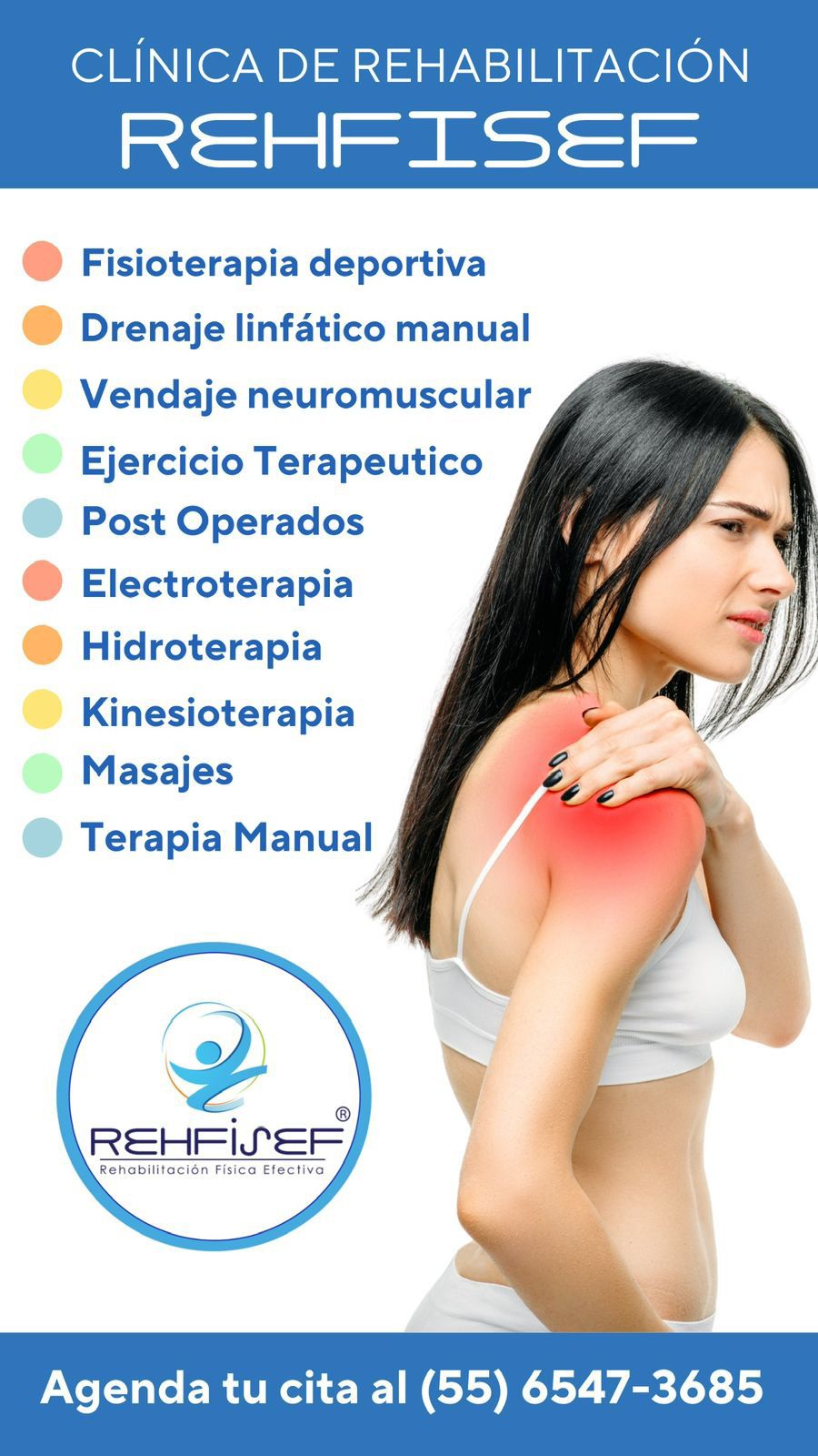 Anuncio de una clínica de rehabilitación. Una mujer se toca el hombro. Los servicios incluyen fisioterapia, masajes y más.