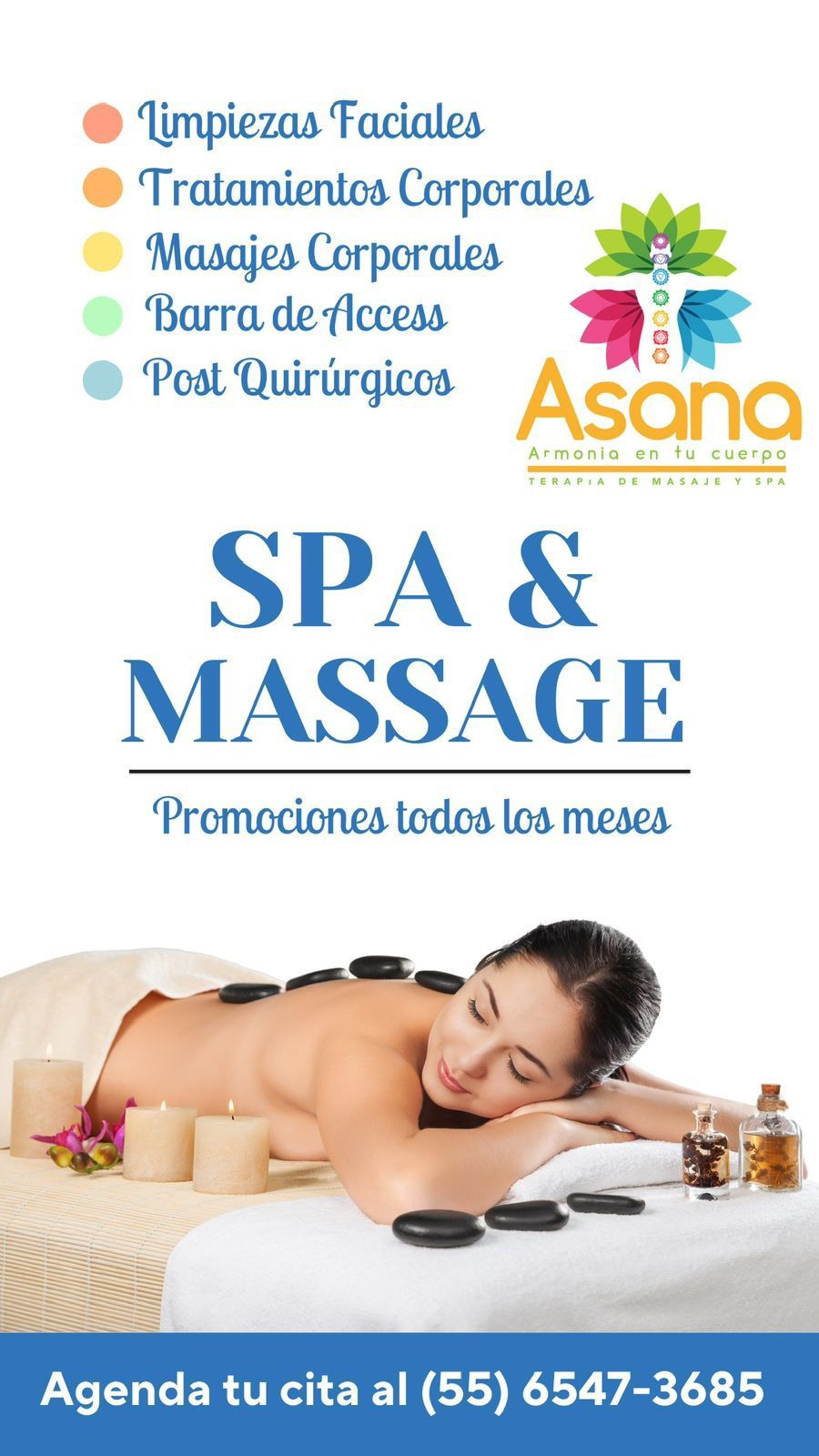 Anuncio de spa con una mujer recibiendo un masaje con piedras calientes, servicios de spa y número de teléfono.