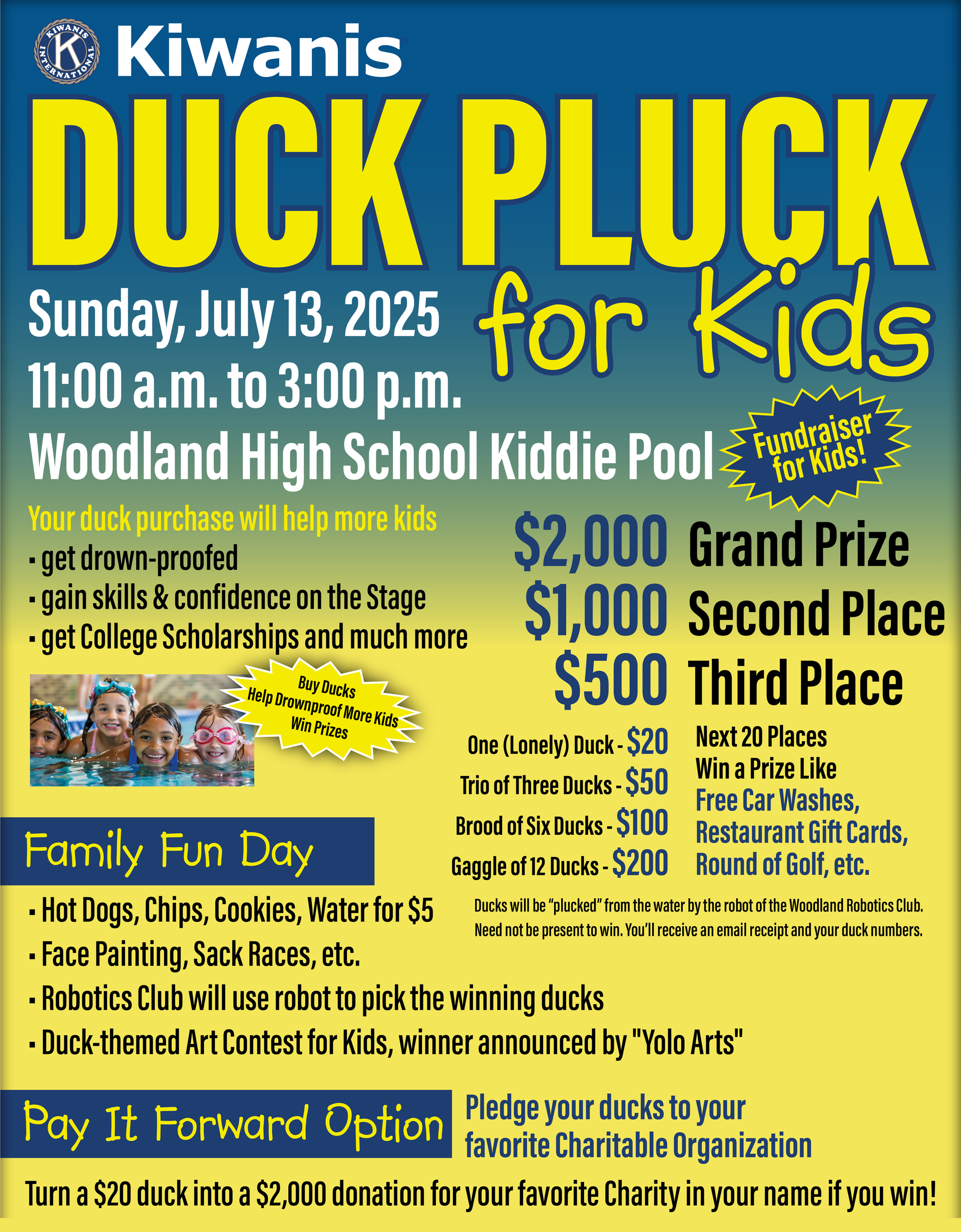 A poster for kiwanis duck pluck for kids