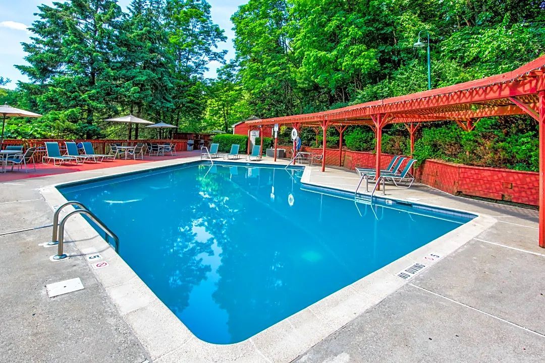 A large swimming pool surrounded by trees and chairs.