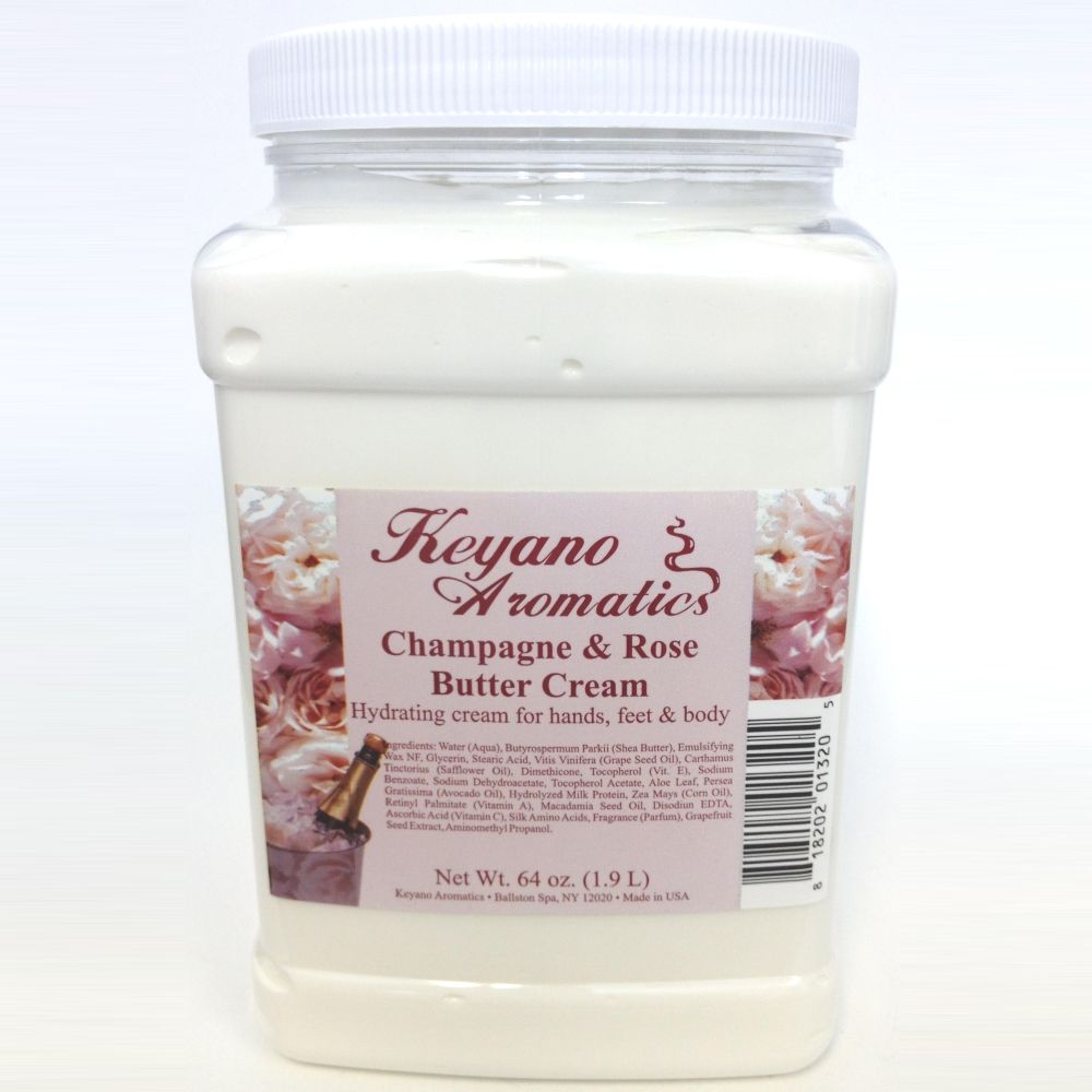 A jar of keyano aromatics champagne and rose butter cream