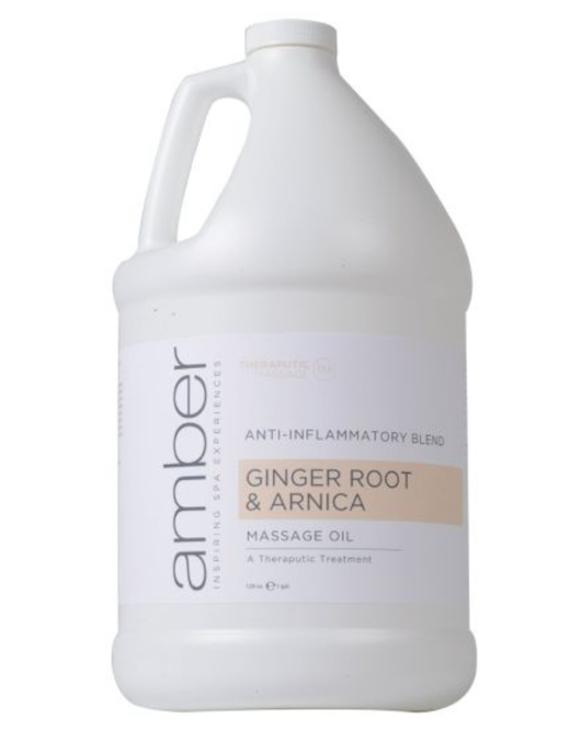 A gallon of ginger root and arnica massage oil